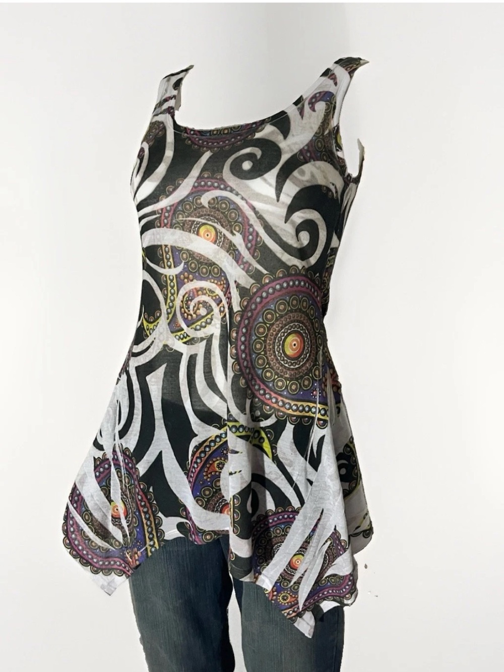 Vintage Asymmetrical Swirl Sleeveless Tunic Top Made In USA 🇺🇸 S/M